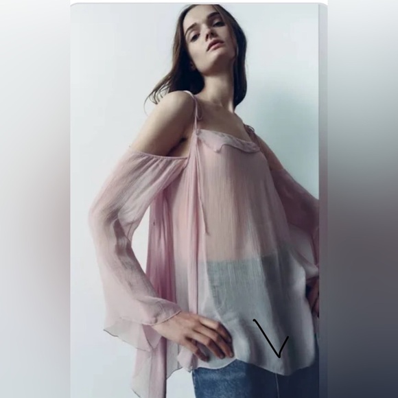 Zara Tops - NWOT Zara super sheer blouse - flowy, shoulder tie - Pink - Med